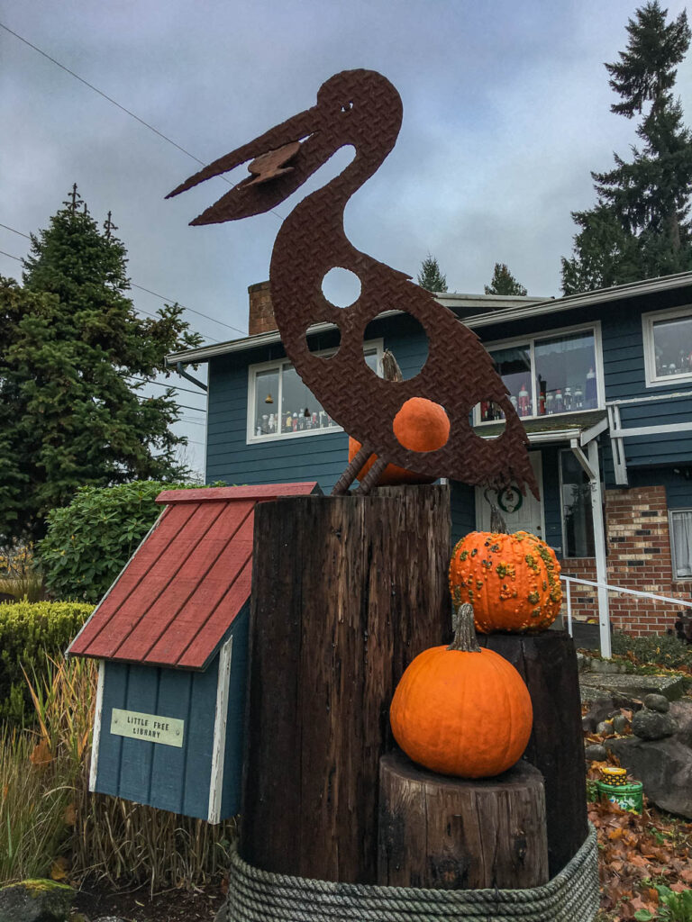 Grateful for: Little Free Libraries within walking distance of home. Splashes of color (pumpkins) and whimsy (pelican carving). Blue sky during a period of time when all we have are rain clouds.