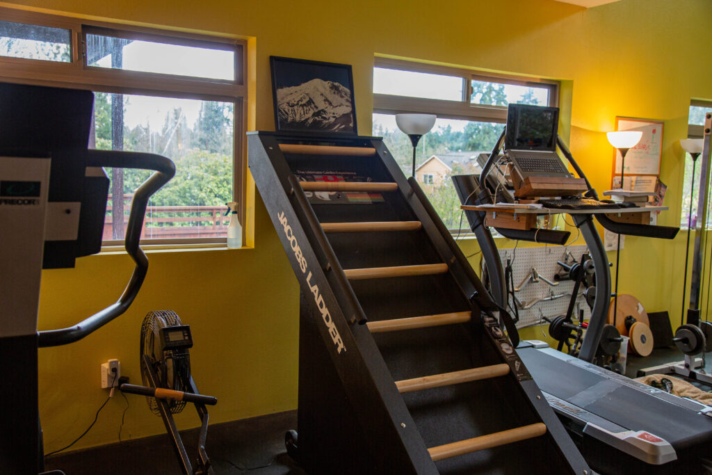 Increase movement. Our home gym is equipped with a Versa Climber, elliptical, rower, Jacob's Ladder, and (right) treadmill where my second work station is set up. I write close to half my blog posts while walking on it.