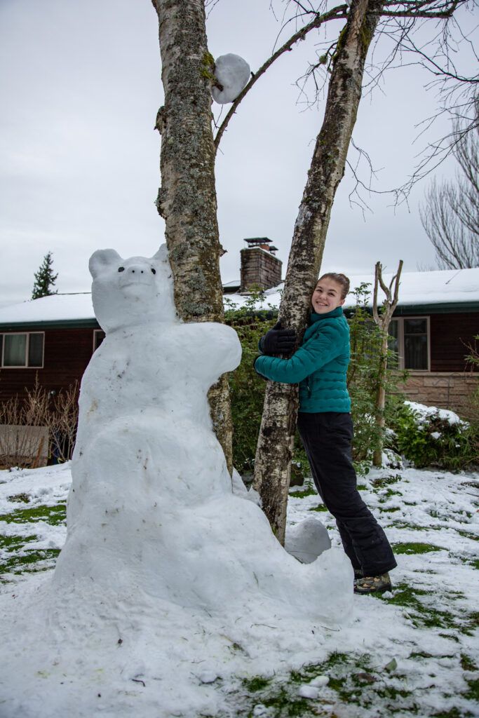 Another of our recent snow creations. This year we built Stuart, a minion from Despicable Me, this bear climbing a tree to get honey, and the hand holding an ice cream cone shown above.