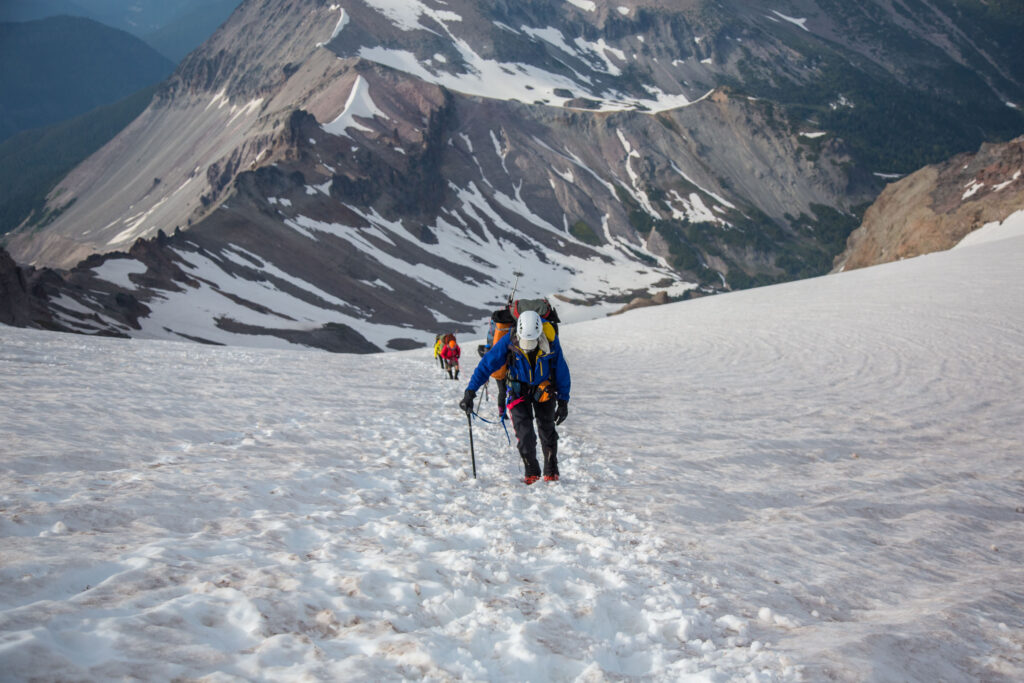 The climb up the Inner Glacier, one of the steeper parts of the Emmons Glacier route on day one with full packs.