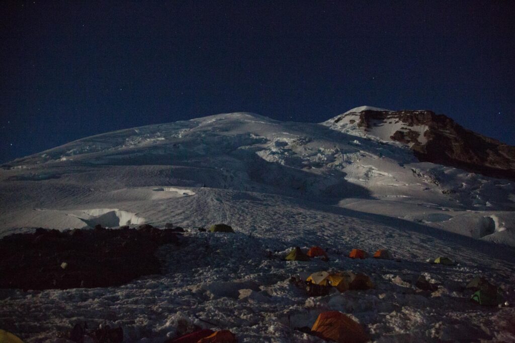 Camp Schurman with a full moon in the earliest hours of Jul 9, 2017, our summit day.