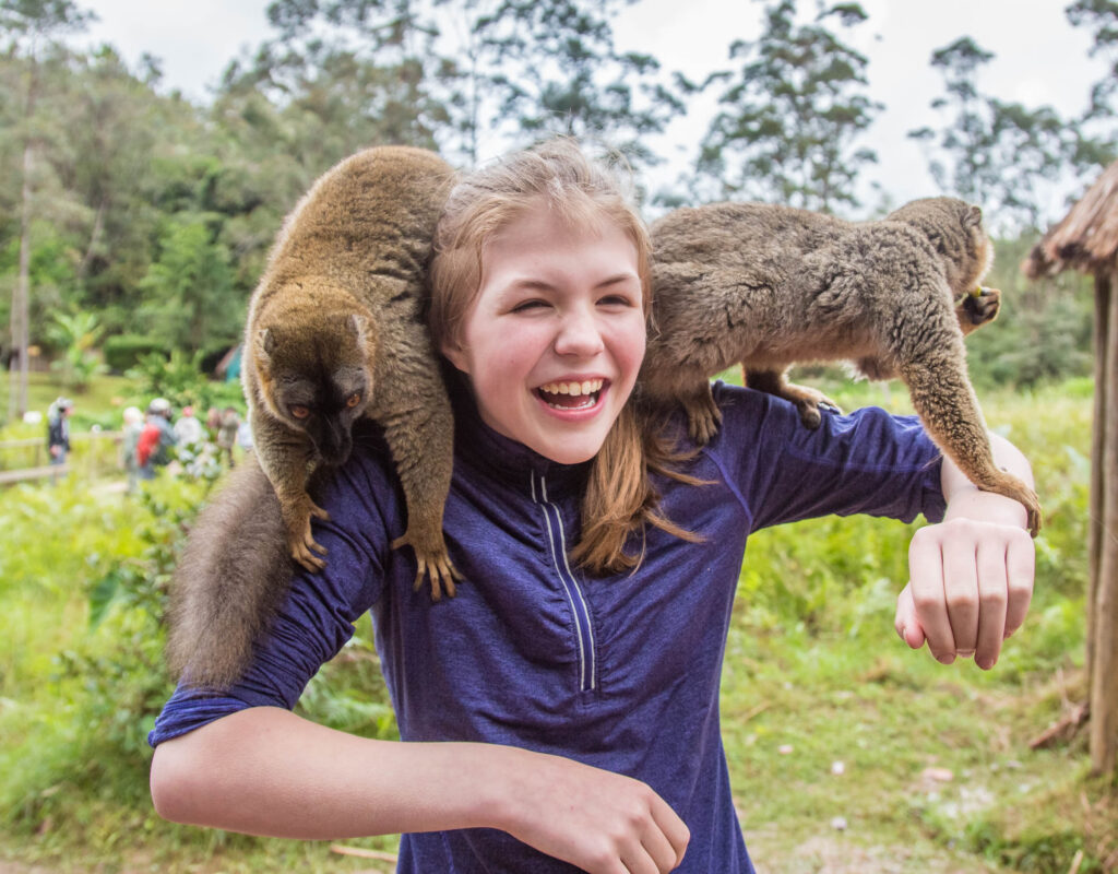 During our visit to Lemur Island, near Andasibe in Madagascar, we got to feed ripe bananas to these friendly little brown lemurs. An example of unexpected joy, for sure!