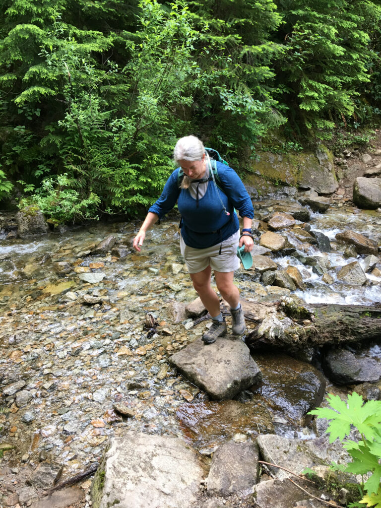 A friend makes her way across a stream crossing as we head toward Olallie and Talapus Lakes. One helpful tip to fix your feet is to take advantage of flowing water and soak them as needed during a break.