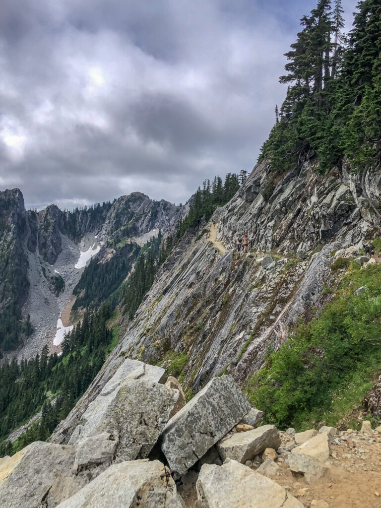 The Katwalk, a thin trail blasted out of a sheer drop-off that can be quite intimidating and exposed under lots of snow.