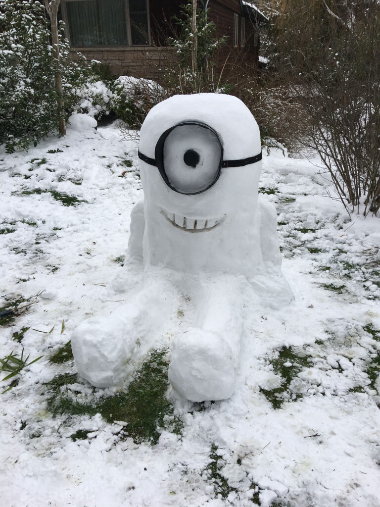 One of our more whimsical snow creations, a Minion, was a popular one among the neighborhood dog walkers.