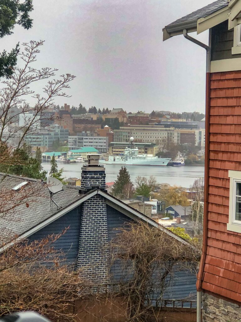 The Thomas G. Thompson, a research ship affiliated with the University of Washington, sits across the bay in front of the Oceanography building.