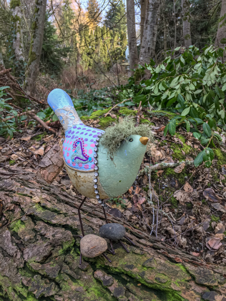 Another strange find that made me smile was a decorated bird standing on a log on one of the many maze-like trails at Paramount Open Space.