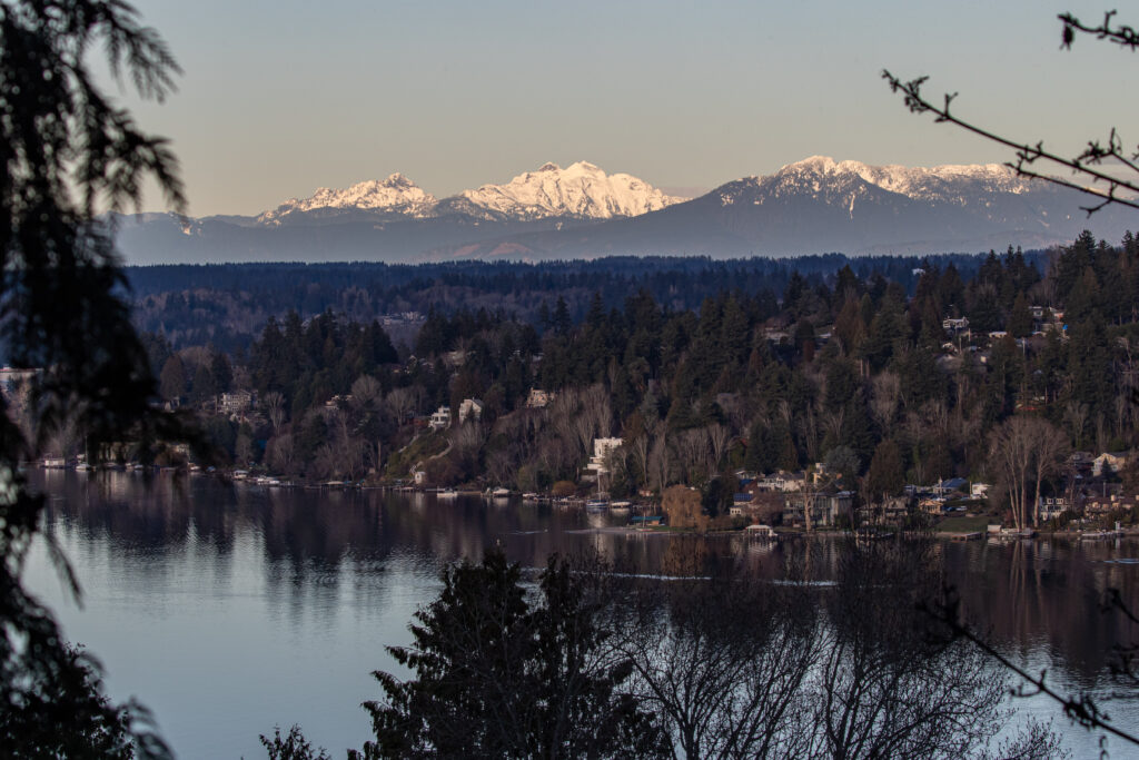 Whitehorse and Three Fingers seen from northeast Seattle on a clear February evening.