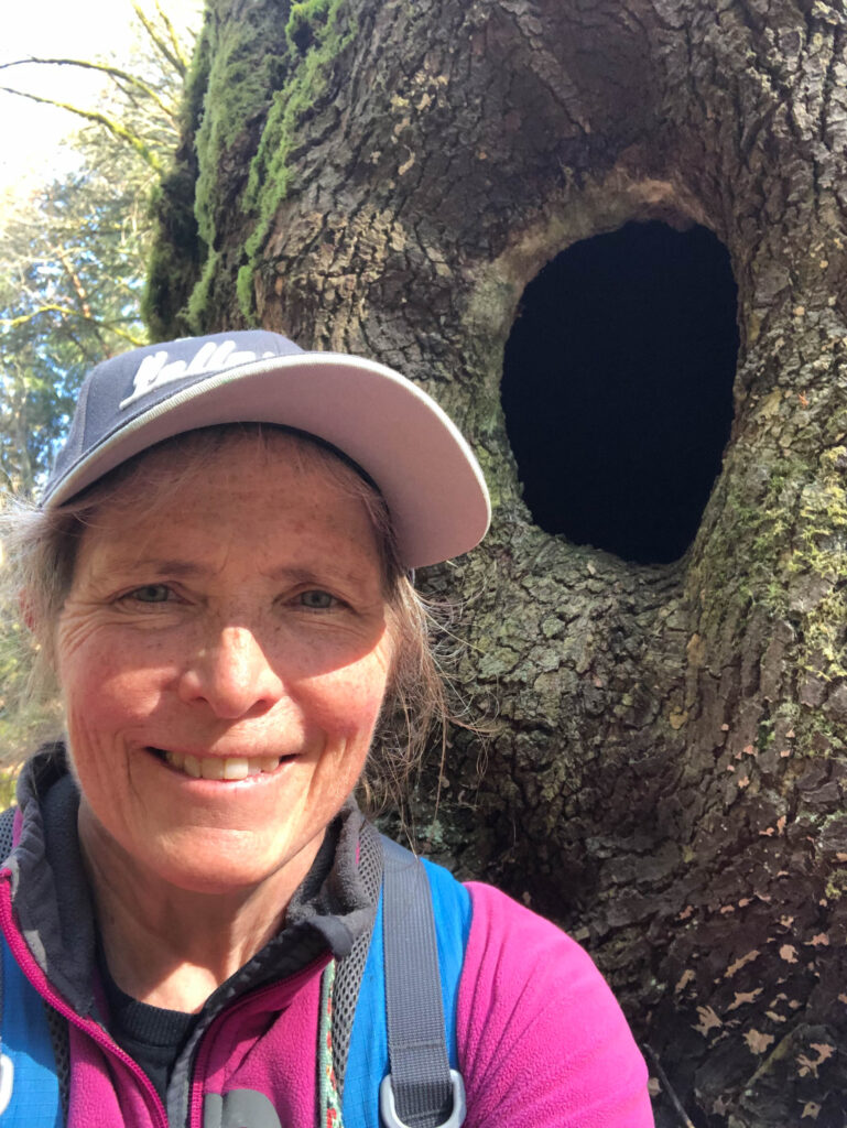 This selfie was taken in front of a hollowed-out tree, one of my favorite finds on this new-to-me trail.