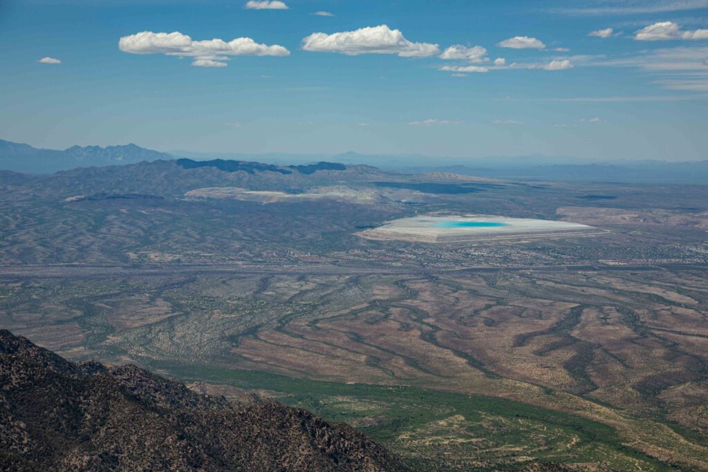 We could see a copper mine's reclamation pond from high up on Mt. Wrightson with Sky Island mountains behind.