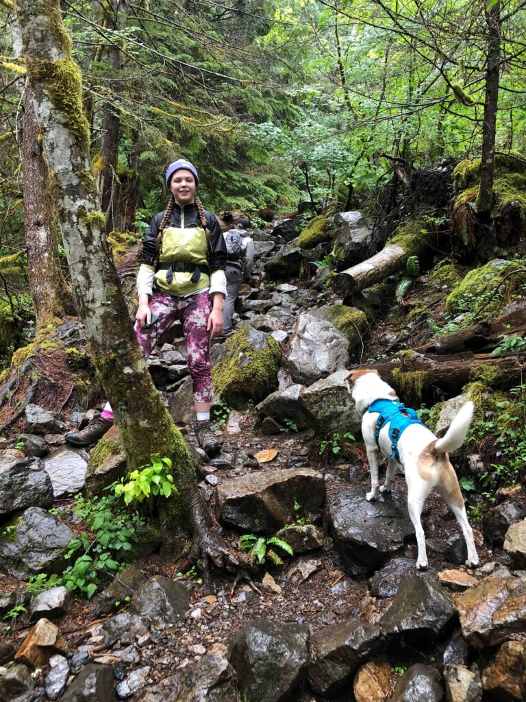 Ajax and my daughter begin the steep switchbacks toward the Falls.