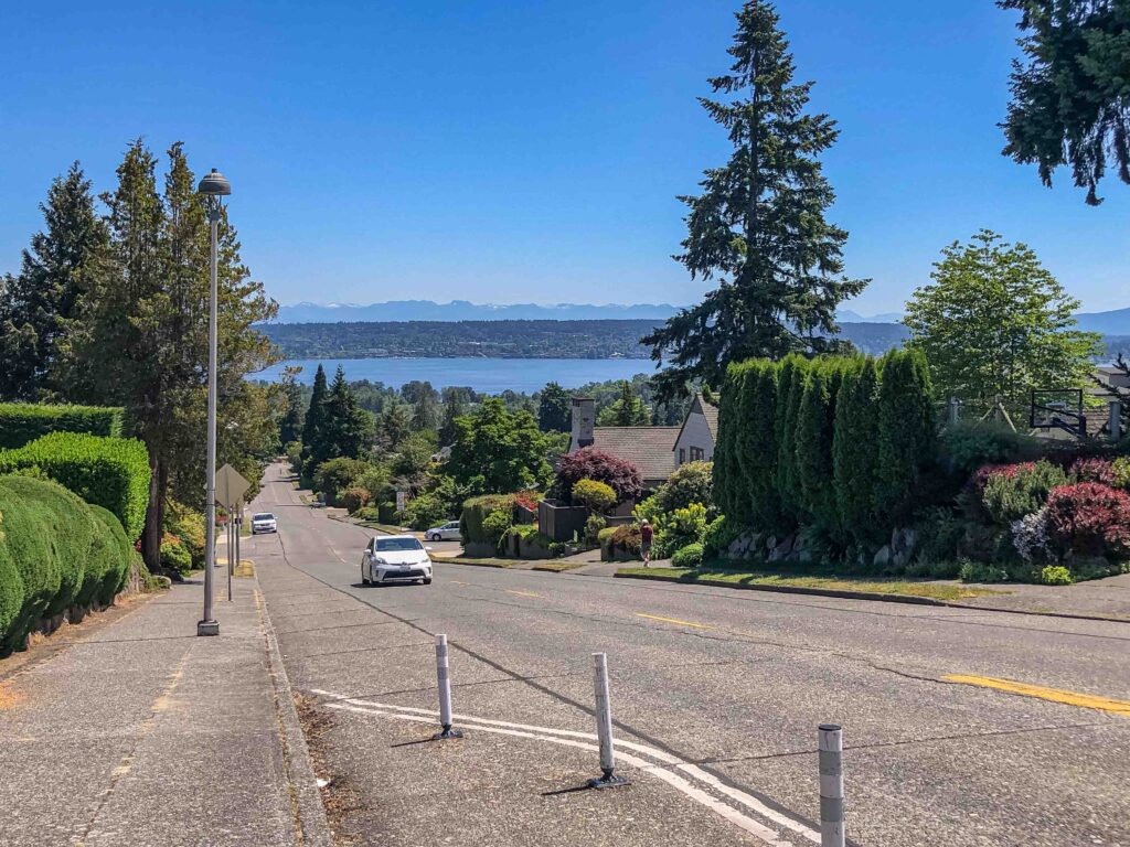 The view from 70th Ave. NE looking east toward the Cascades. A block west, you can see a similar view of the Olympics.