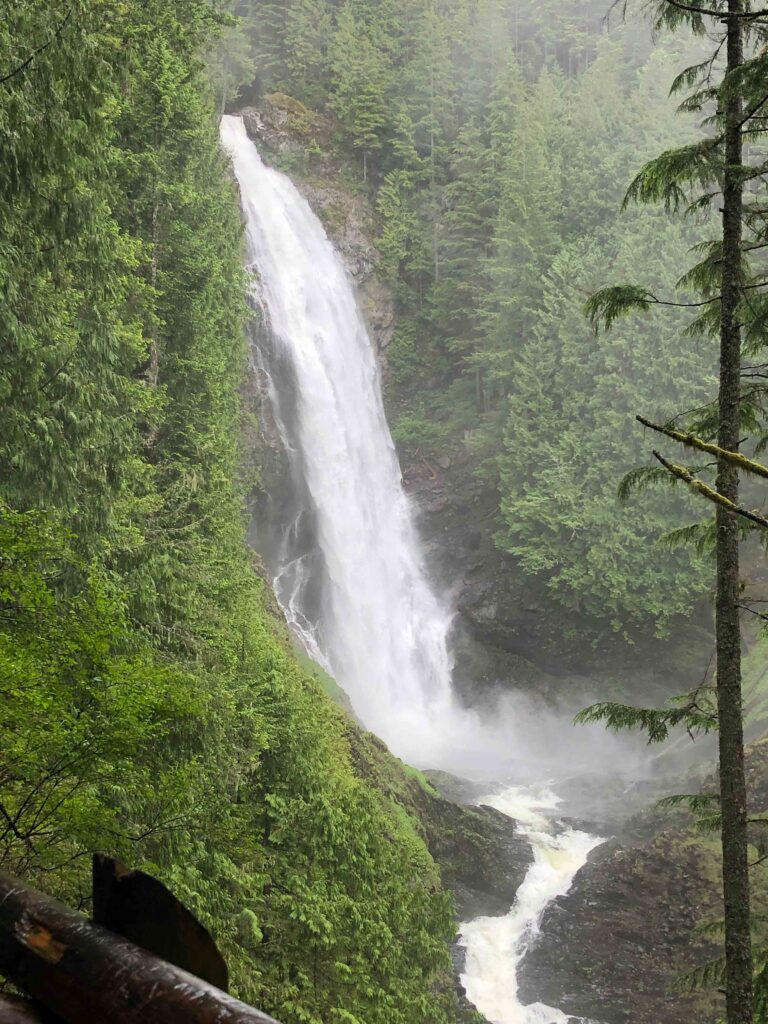 Wallace Falls is spectacular this time of year. It reminded me of being in a rainforest. Mist rebounds from the cascade, filling the valley. Or is that rain?