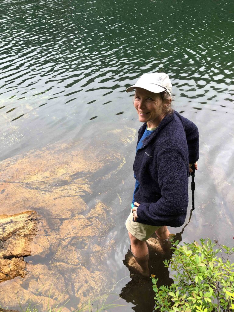 Our rule is to go into any alpine lakes we visit. I chose to rewrite the rules for Peek-a-Boo Lake on a foggy, chilly day: wading works for me!