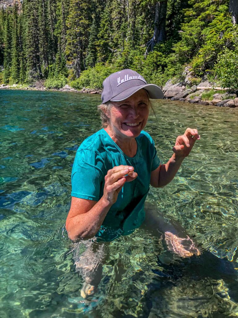 The author takes a super-quick dip in Rachel Lake, the coldest alpine lake we've visited this summer. The breeze didn't help matters any.