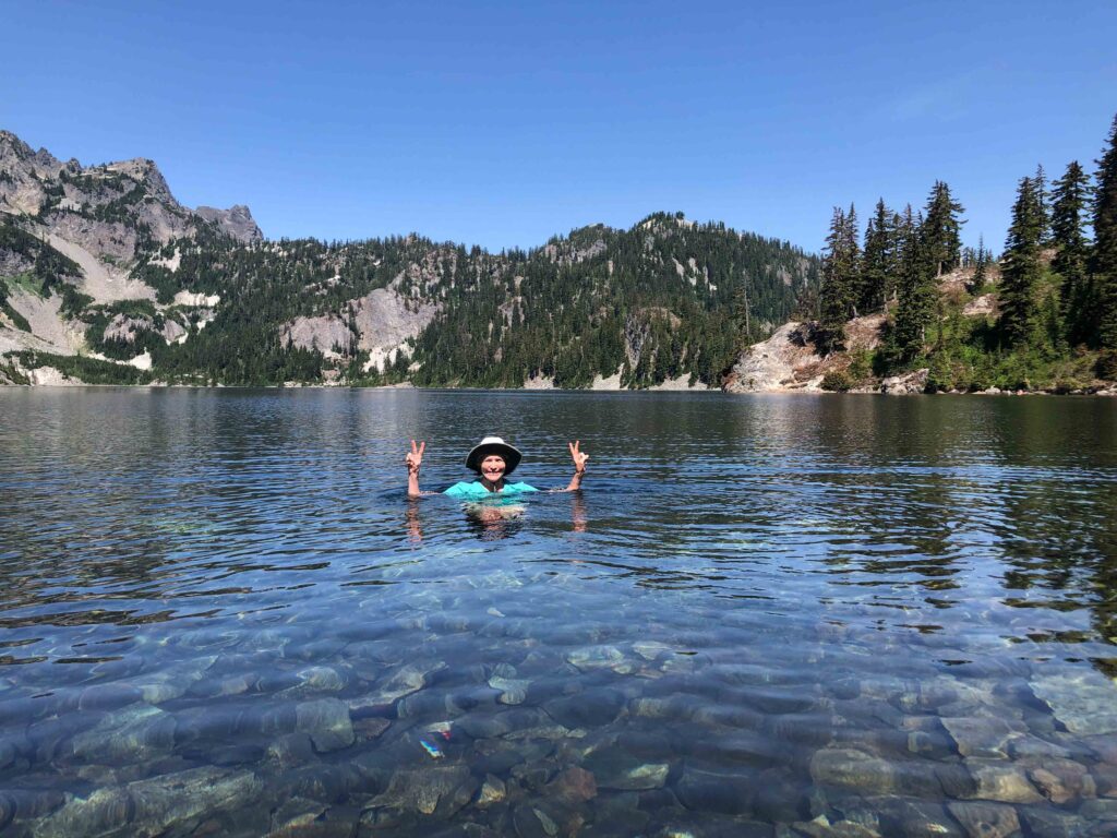 The author enjoys a dip in Snow Lake at Exit 52 on July 19, 2023, during Ramble 51.