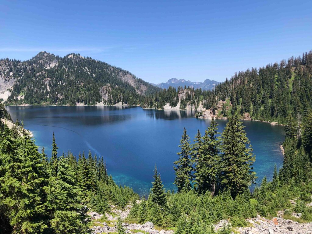 Clear, beautiful waters of Snow Lake as we climbed out of the basin in the heat of midday.