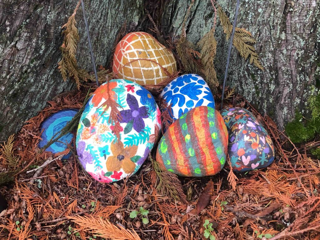 Yesterday I took a ramble with a writing partner and Ajax to look for holiday-themed photo ops to support this blog post. Some cool colorful rocks were on display in a yard in Shoreline.