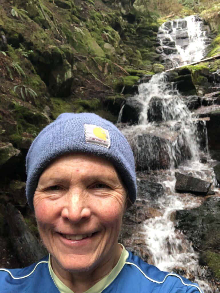 Author selfie at the"first falls" along the Pratt-Olallie trail, just about a half mile beyond the junction with the Granite Mountain trail.
