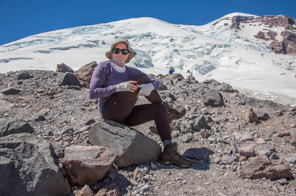 The author performing a hip/glute stretch at Camp Schurman on Mt. Rainier.