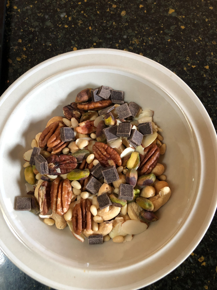 One client FAQs: how to make healthy trail-ready snacks. A hearty serving of well-mixed GORP, ready to bag for a hike.