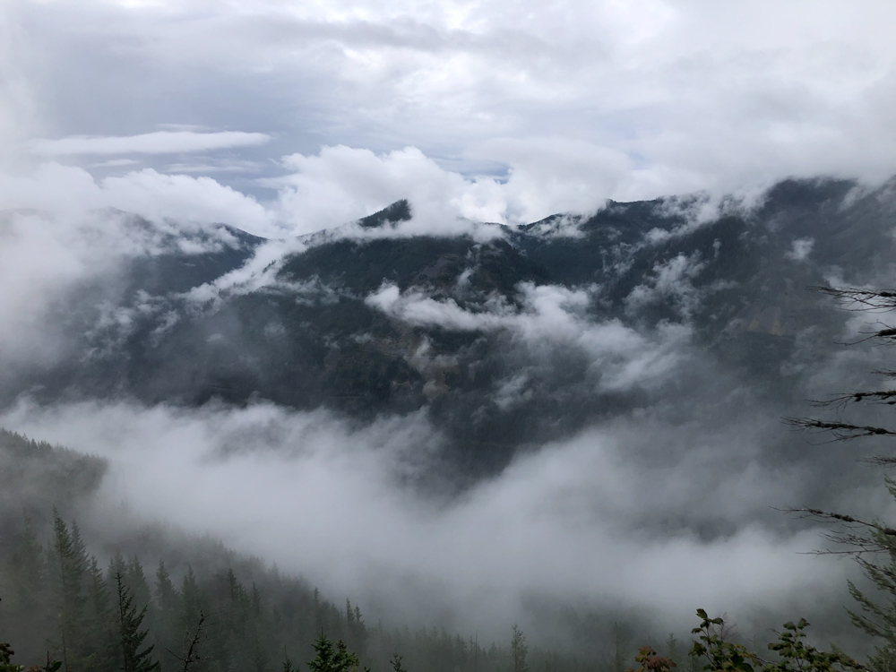 We had a foggy, rainy start to our trip. A little over an hour into our trip we found a way to enjoy rain by stopping at a vista which revealed dramatic clouds moving quickly in the valley below us.