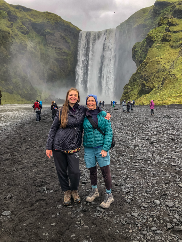 The end of our Skogafoss visit. Our daughter got close to the spray and came back soaking wet. I chose to keep my down coat dry.