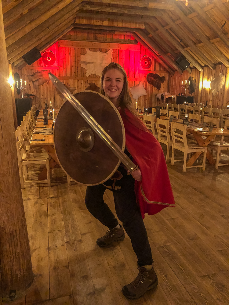 Our daughter gets into character with traditional Viking attire.