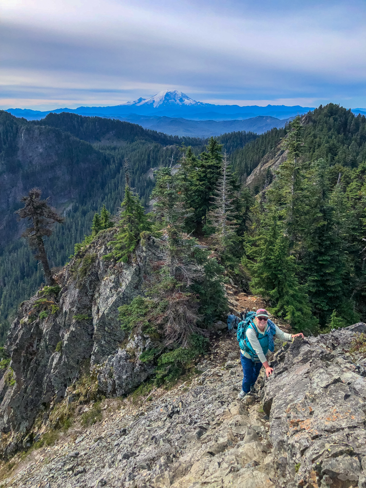 My friend Susie followed me up part of the scramble on McClellan Butte with Mt. Rainier behind us.