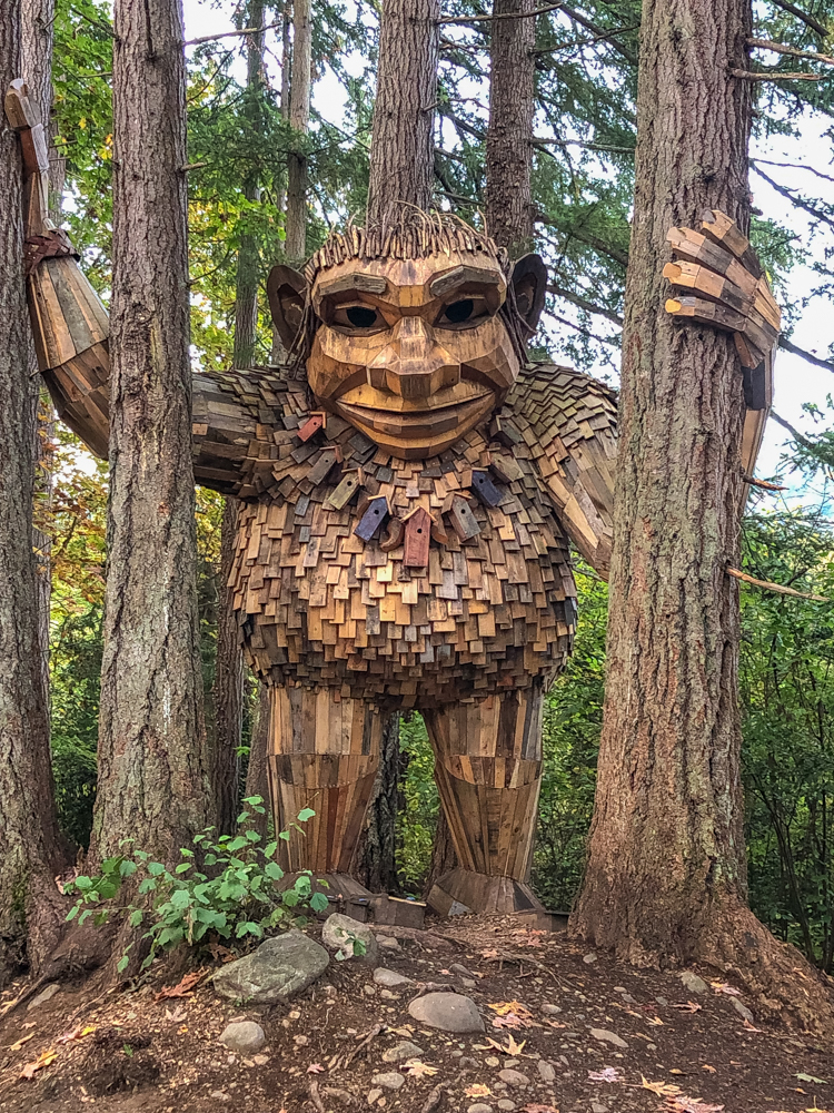 One thing that gives me energy is exploring new-to-me trails. This public art is one of six installments by Thomas Dambu's called "Jakob Two Trees", part of his Northwest Trolls, Way of the Bird King. See www.nwtrolls.org for more.