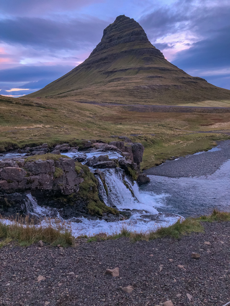 Moody dawn sky behind Kirkufell Mtn. and the falls.