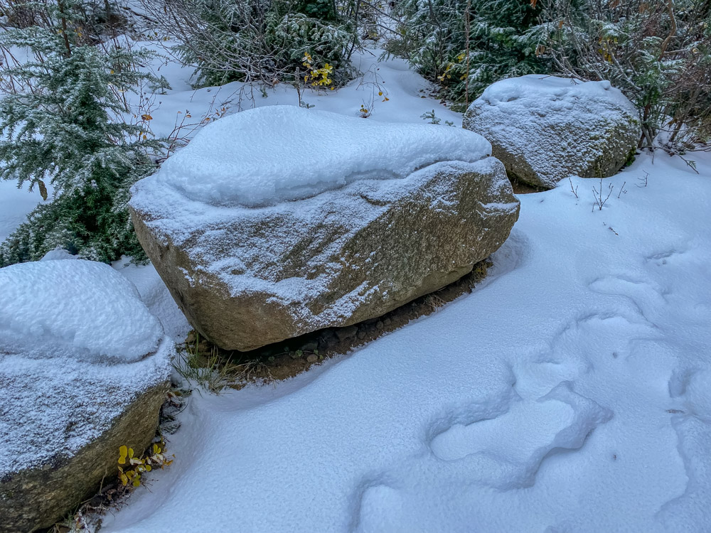 Previous human tracks by some natural benches before entering the dark woods between Thompson and Granite Lakes. Snow depth was about 3-4 inches.