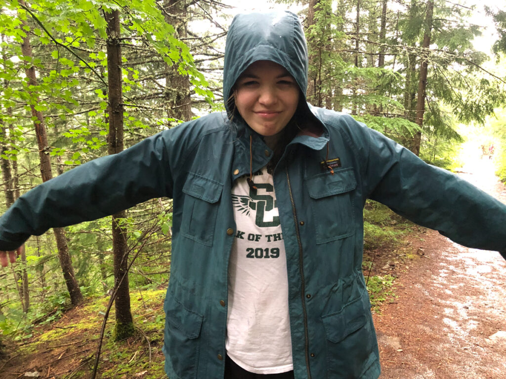 On a rainy hike to Mason Lake, my daughter struggled with her less-than-waterproof coat. I kept sharing how grateful I was to have her company. We soon laughed about how ridiculous the trip was going and ended up having a great time.