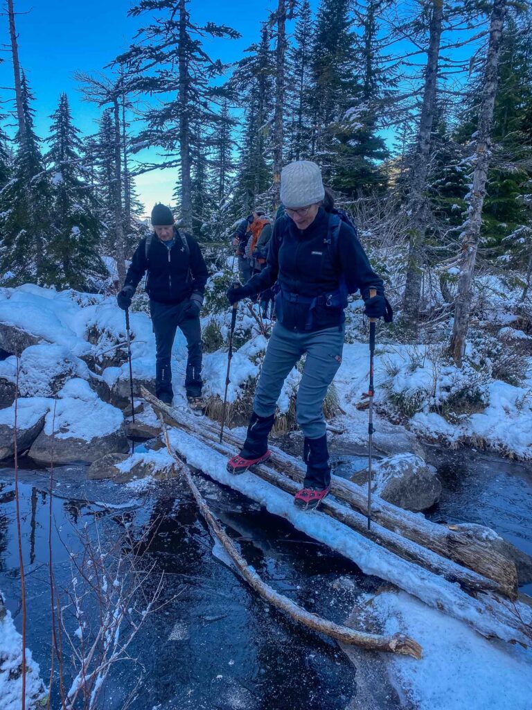 An example of different skill sets in unique environments: I do sideways training drills in the gym so side-stepping across frozen logs in microspikes is no big deal.