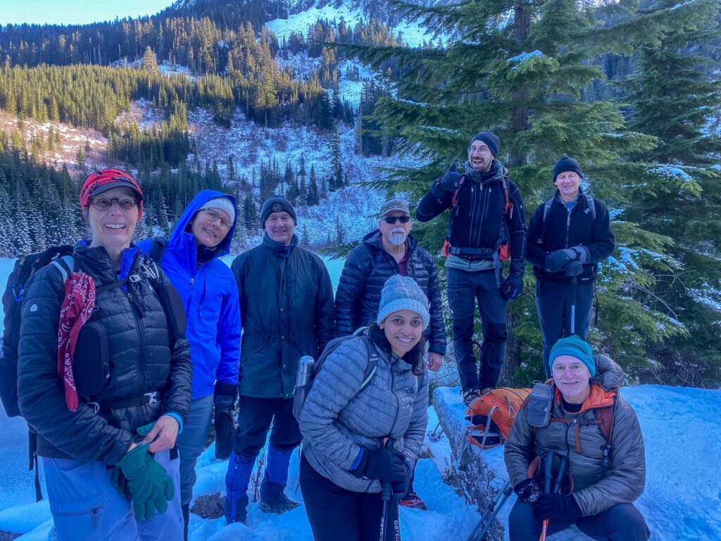 An enthusiastic group of Mountaineers posing at Granite Lake. Can you say confidence?